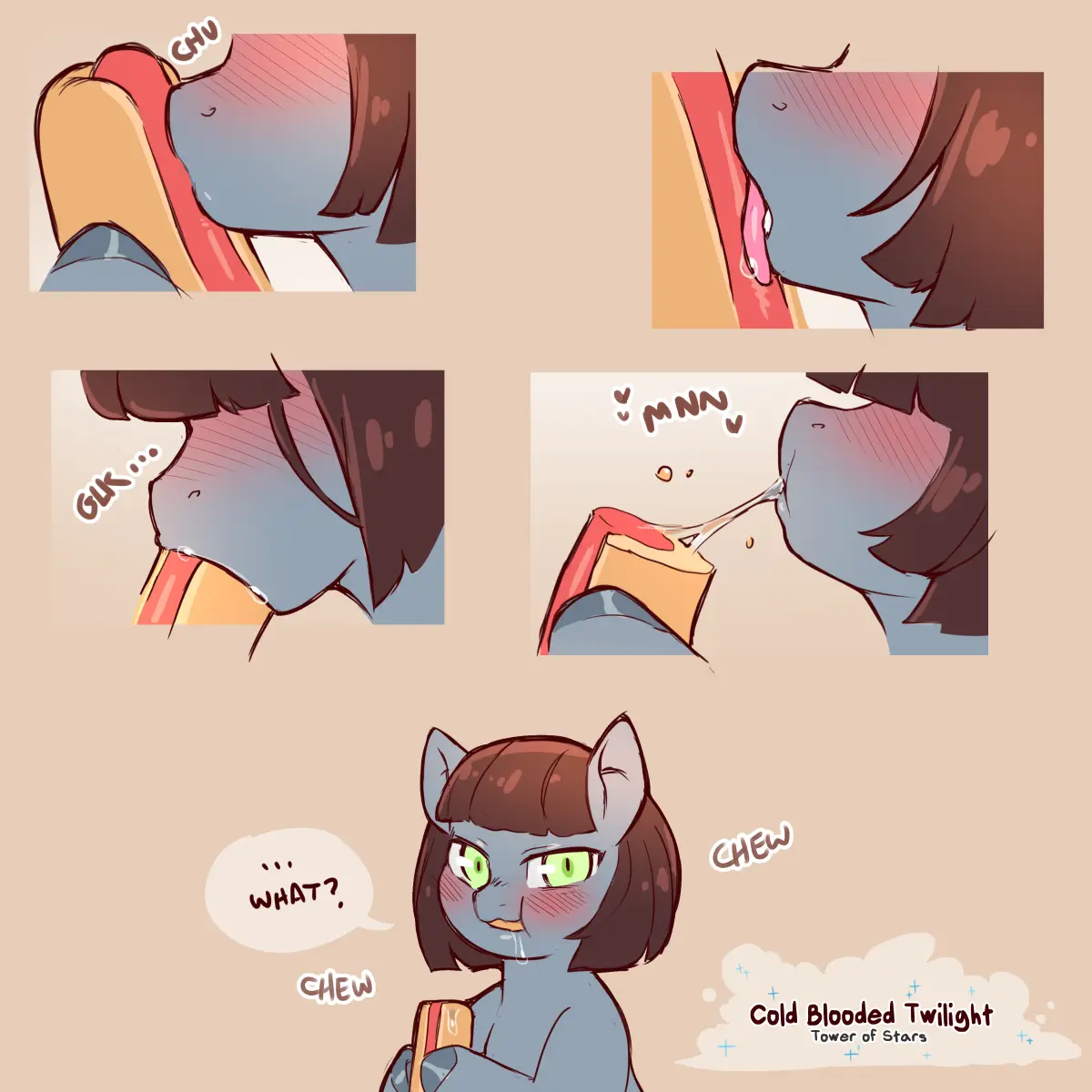 A four-panel comic shows a blue-skinned, brown-haired anthropomorphic character with green eyes eating a hot dog. The first…