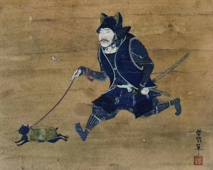 An old Japanese ukiyo-e woodblock print depicts a samurai in full dark blue armor running forward while holding a leash…