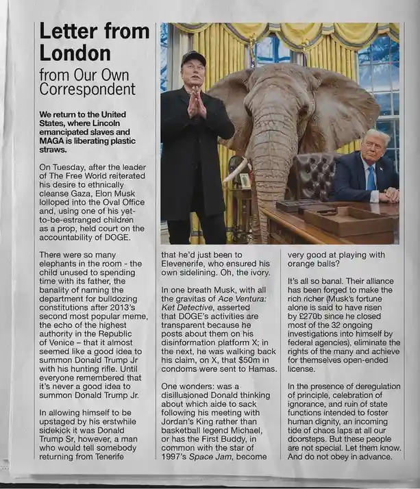 A satirical newspaper article titled 'Letter from London from Our Own Correspondent' features a photo of Elon Musk clapping…