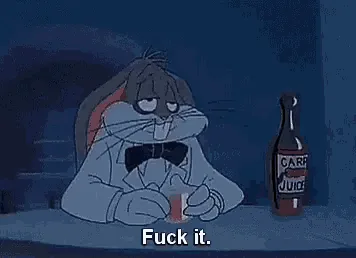 A six-panel animation shows Bugs Bunny sitting at a bar, looking increasingly frustrated and defeated as he repeatedly says…