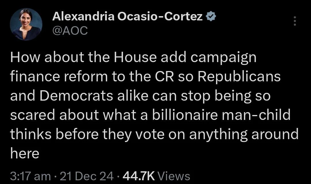 A screenshot of a tweet from Alexandria Ocasio-Cortez's verified Twitter account, showing her profile picture and the text…