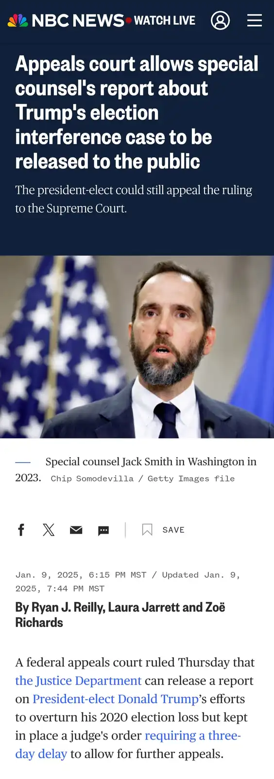 A screenshot of an NBC News article about a federal appeals court ruling allowing the release of a special counsel's report…