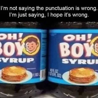 Two bottles of 'Oh! Boy Syrup' are shown side by side, each with a cartoon boy logo and an image of pancakes. The text…