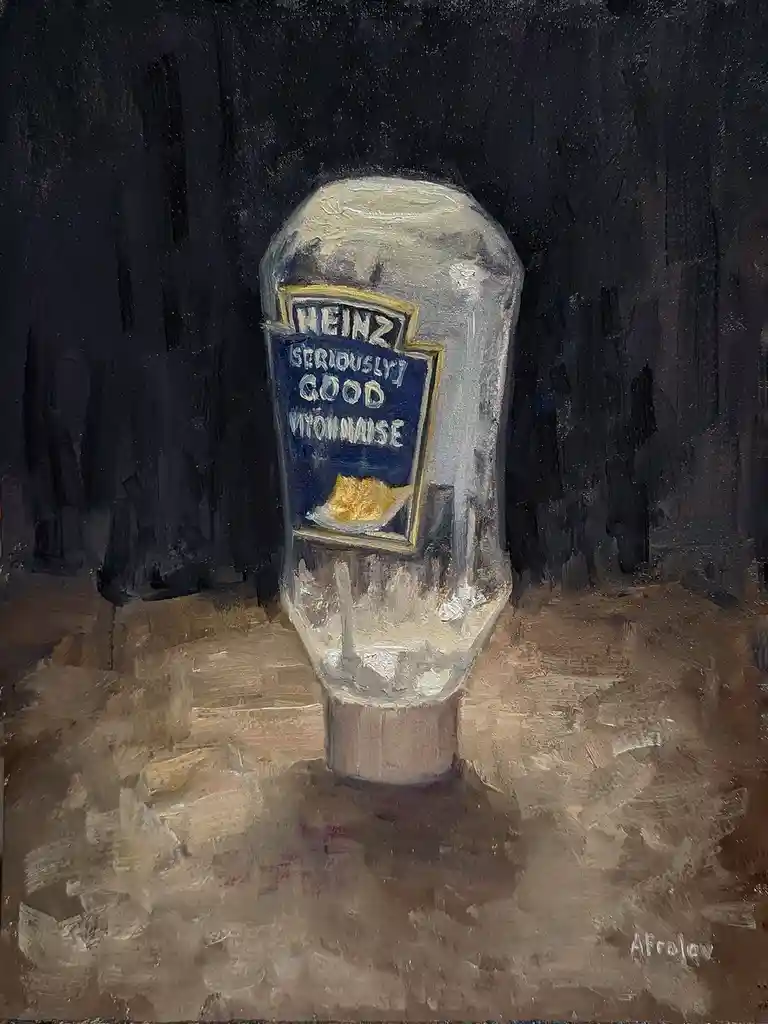 An oil painting depicts an empty Heinz bottle with a label that reads 'HEINZ SERIOUSLY GOOD VITONNAISE', set against a dark…