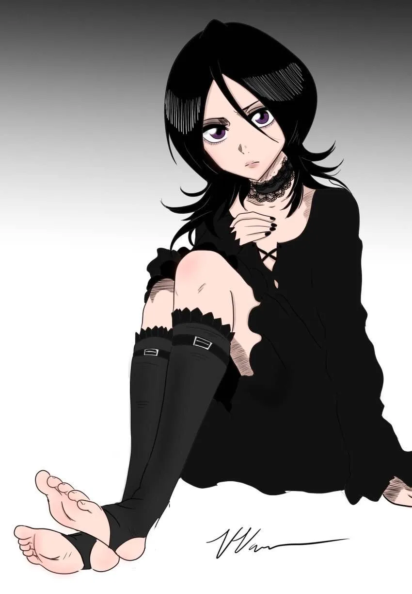 An anime-style illustration of a young woman with long black hair and purple eyes, wearing a black dress, lace choker, and…