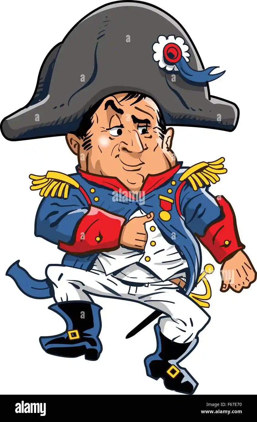 A cartoon depiction of Napoleon Bonaparte in his iconic military uniform, wearing a grey bicorne hat with a white flower and…