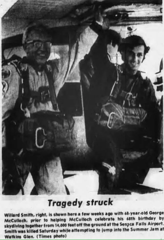 A black-and-white newspaper photo shows two smiling men in skydiving gear inside an aircraft. The caption below reads…