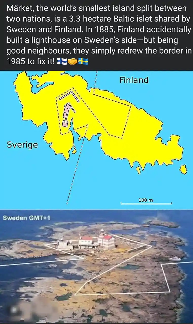 The image displays a map of a small island labeled 'Märket' divided between Sweden ('Sverige') and Finland, with a…