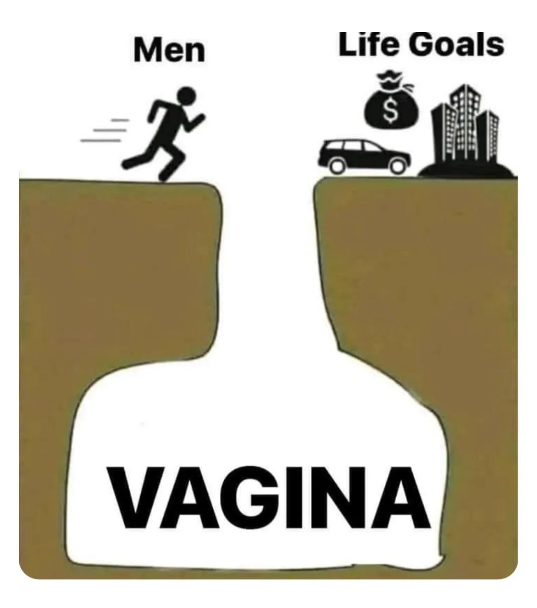 A cartoon depicts a stick figure labeled 'Men' running across a chasm labeled 'VAGINA' to reach the other side, which is…