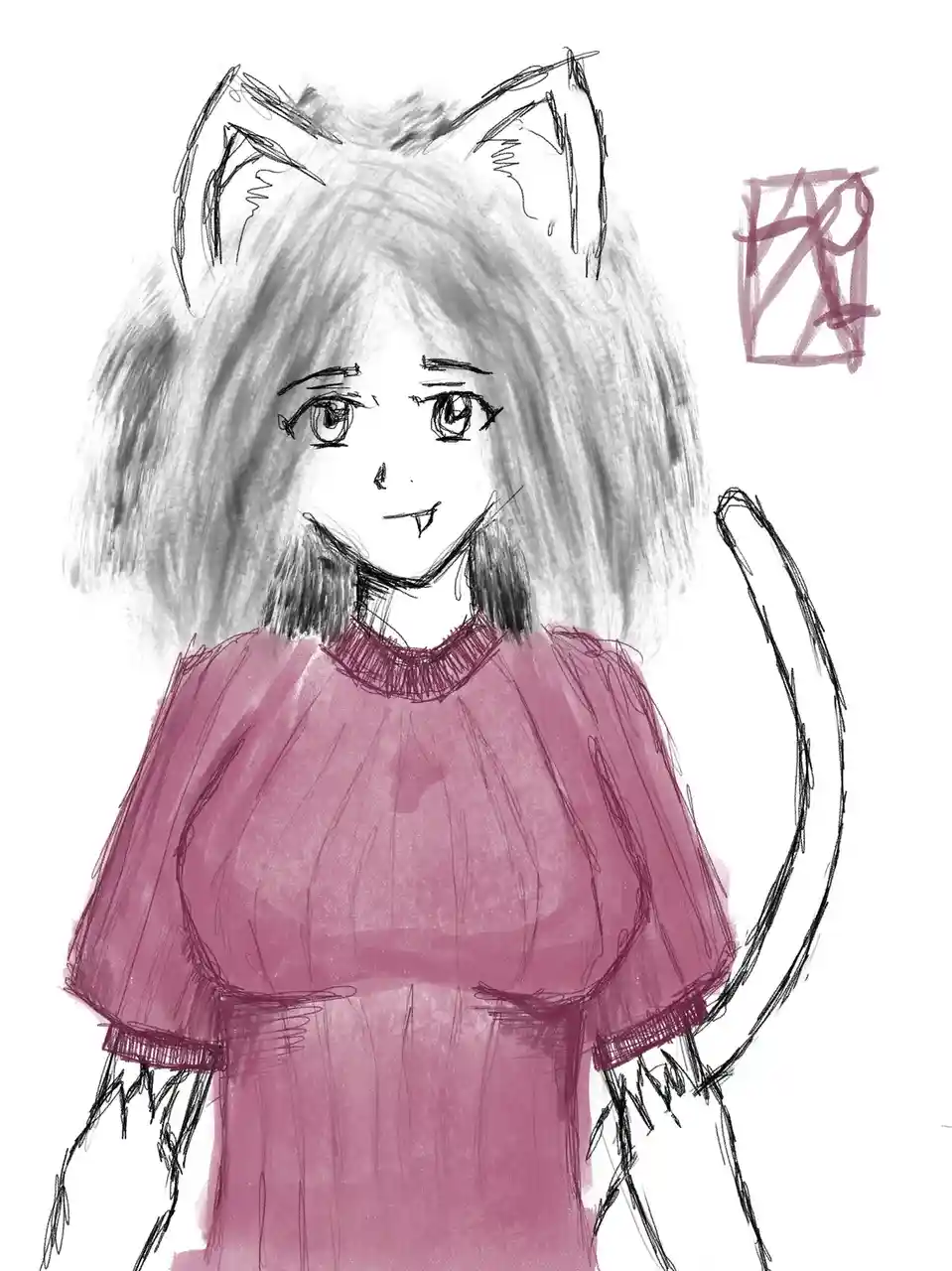 A sketch-style drawing of an anime girl with cat ears, a tail, and fangs, wearing a pink shirt. The image has a crude…