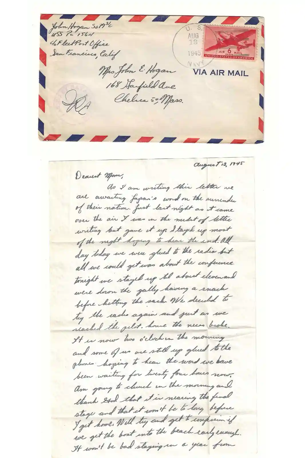 A vintage 1945 U.S. Navy air mail envelope addressed to Mrs. John E. Hogan in Chelsea, Mass., with a 6-cent airplane stamp…