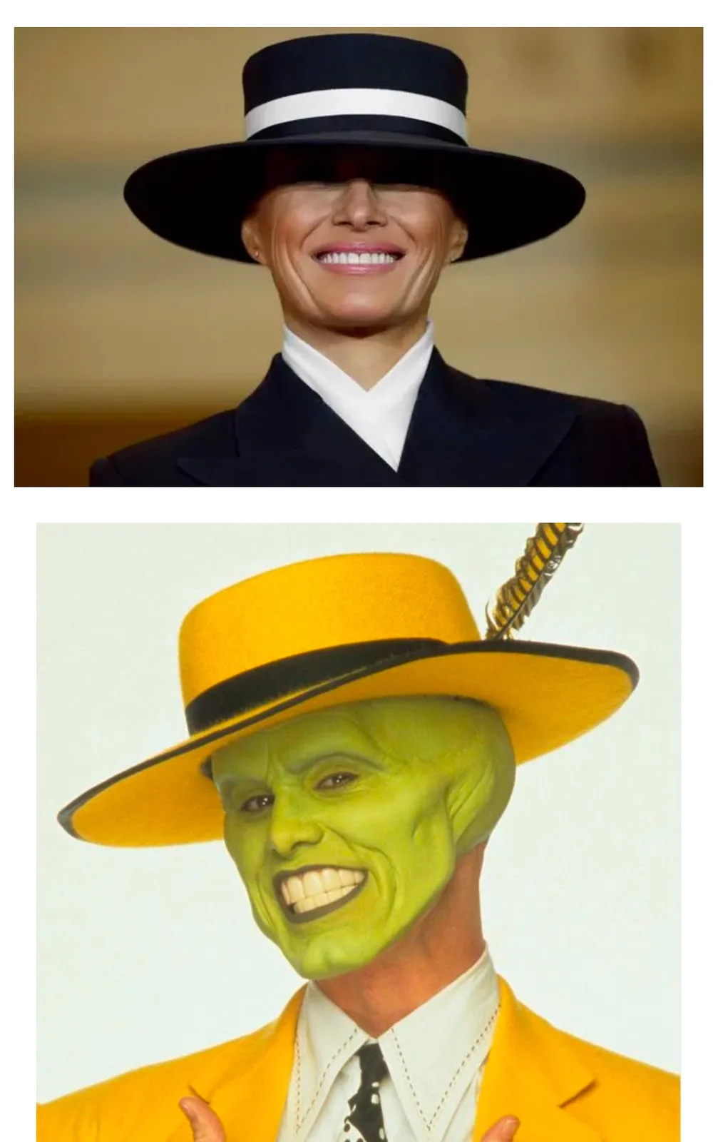 The image displays two photos stacked vertically. The top photo shows a smiling woman wearing a black hat with a white band…