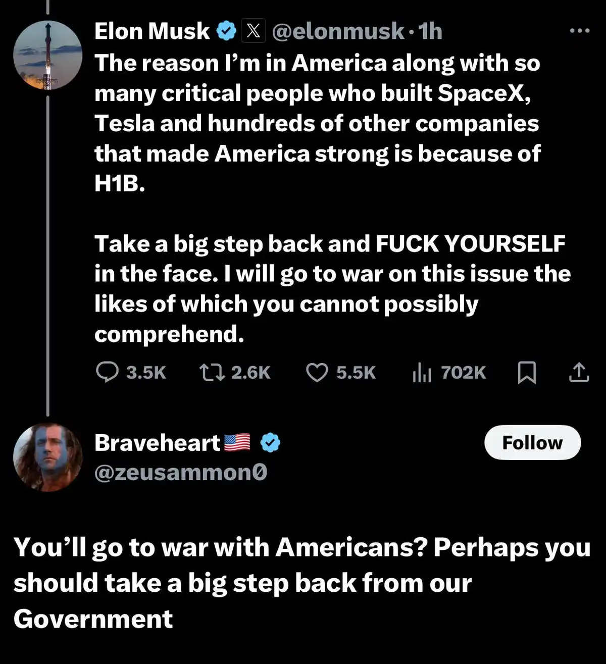 A screenshot of a Twitter thread shows Elon Musk's tweet blaming H1B visas for America's strength and vowing to 'go to war'…