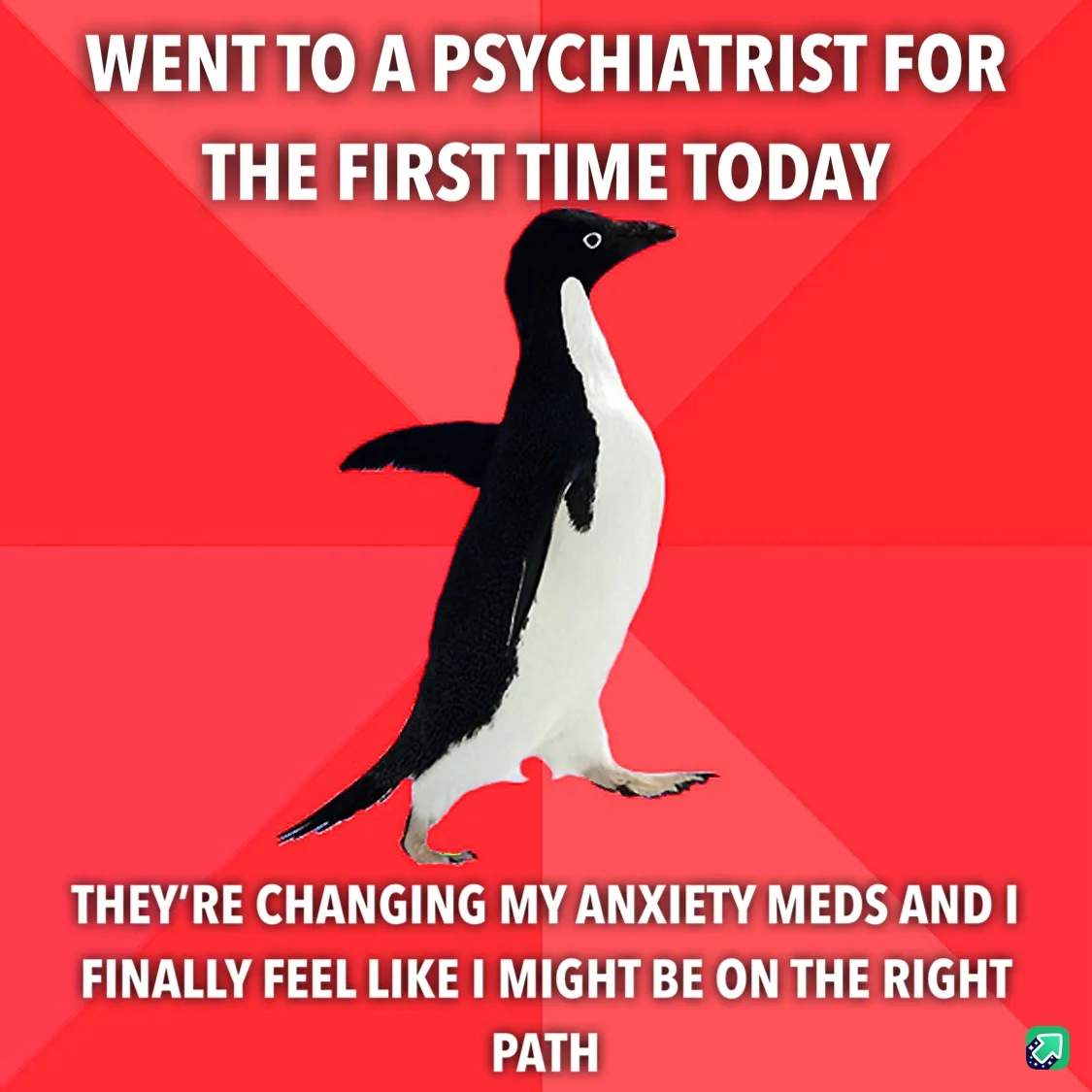 A black-and-white penguin walks against a red background with diagonal stripes. The text at the top reads 'WENT TO A…