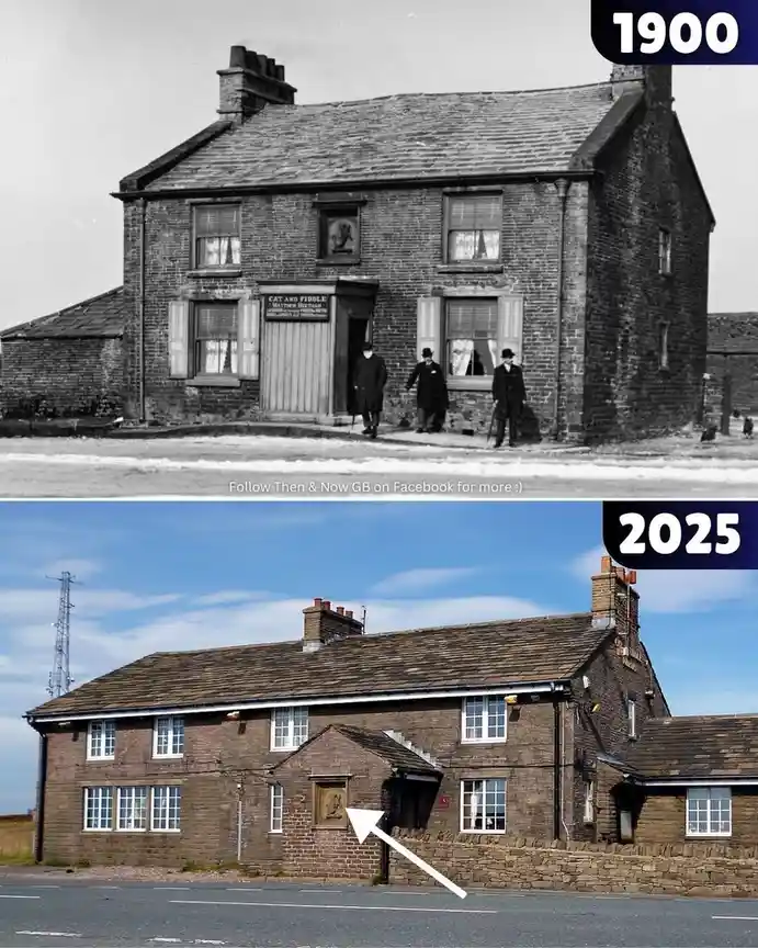 A split image shows a brick pub in 1900 with three men in period attire standing outside, and the same building in 2025 with…