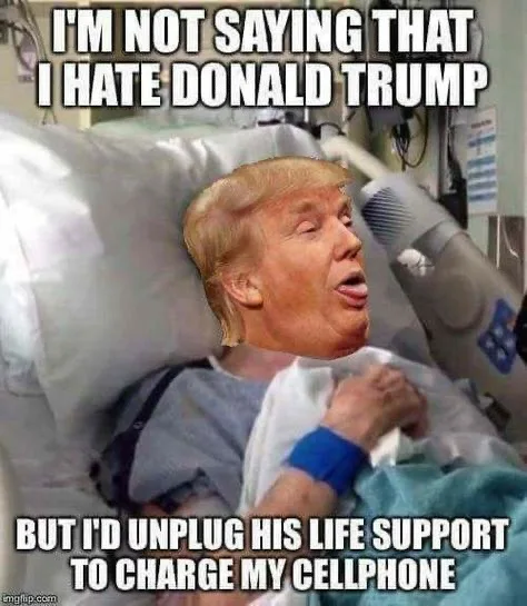 A man with blonde hair and a distinctive facial expression, resembling Donald Trump, is shown lying in a hospital bed with…