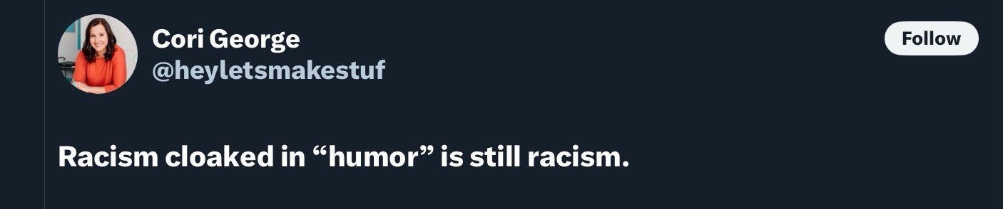 A screenshot of a tweet from Cori George (@heyletsmakestuff) on a dark background. The tweet displays her profile picture…