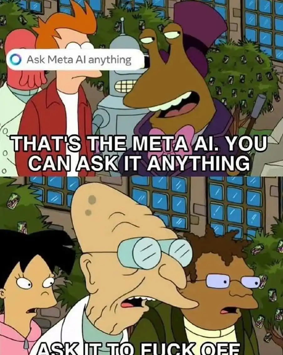 The image is a two-panel meme from the animated show Futurama. In the top panel, a character points to a large, brown…