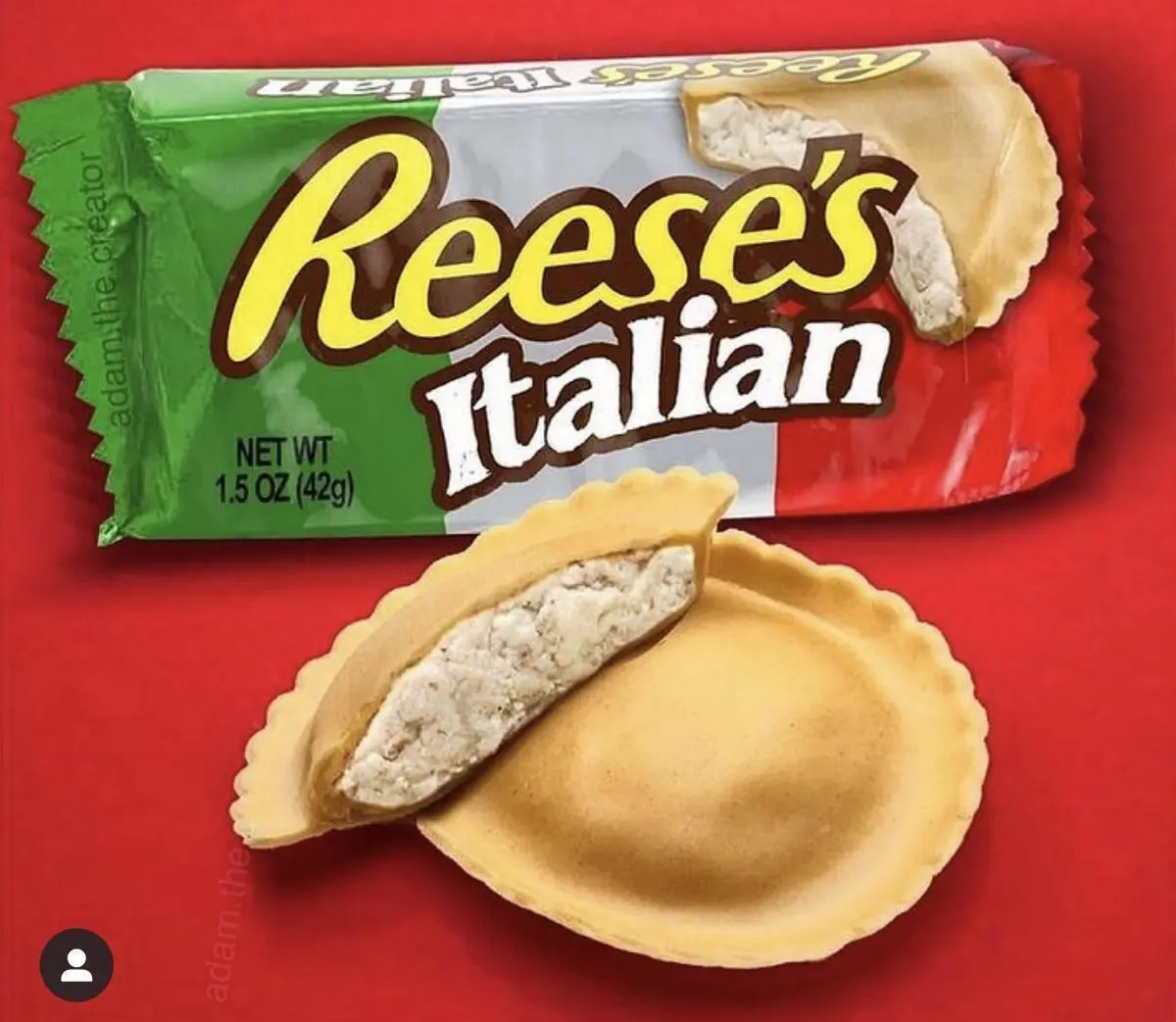 A digitally altered image shows a Reese's candy bar wrapper redesigned with the Italian flag colors and the text 'Reese's…