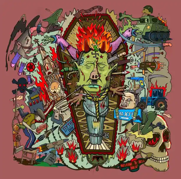 A grotesque, cartoonish illustration depicts a green-skinned, demonic figure resembling Vladimir Putin, bound in a coffin…
