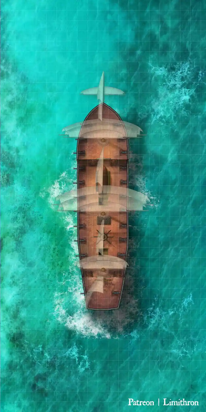 An overhead view of a wooden sailing ship with multiple decks and cannons, sailing on turquoise water with whitecaps…