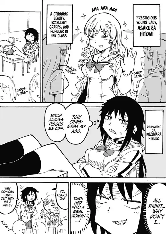 A manga panel shows a popular, beautiful girl, Asakura Hitomi, idolized by classmates who call her 'onee-sama'. A delinquent…