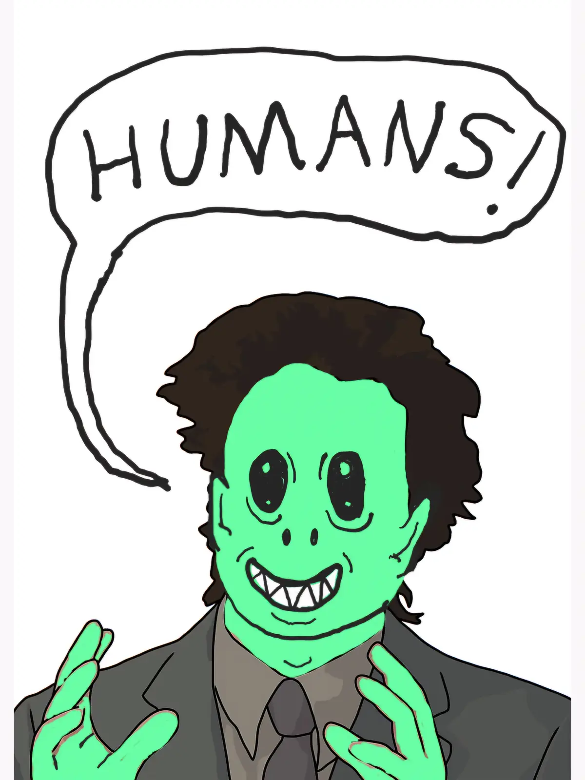 A cartoon drawing shows a green-skinned, smiling alien-like figure with sharp teeth and dark curly hair, wearing a grey suit…