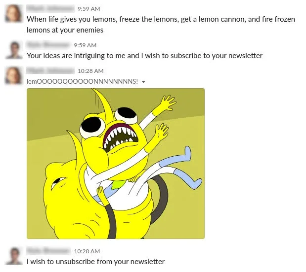 A screenshot of a chat conversation shows a user proposing a ridiculous plan to use frozen lemons as weapons. Another user…