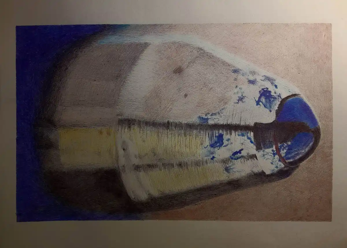 A colored pencil drawing of a lightbulb lying on its side, with visible shading and texture, overlaid with the text 'i'm not…