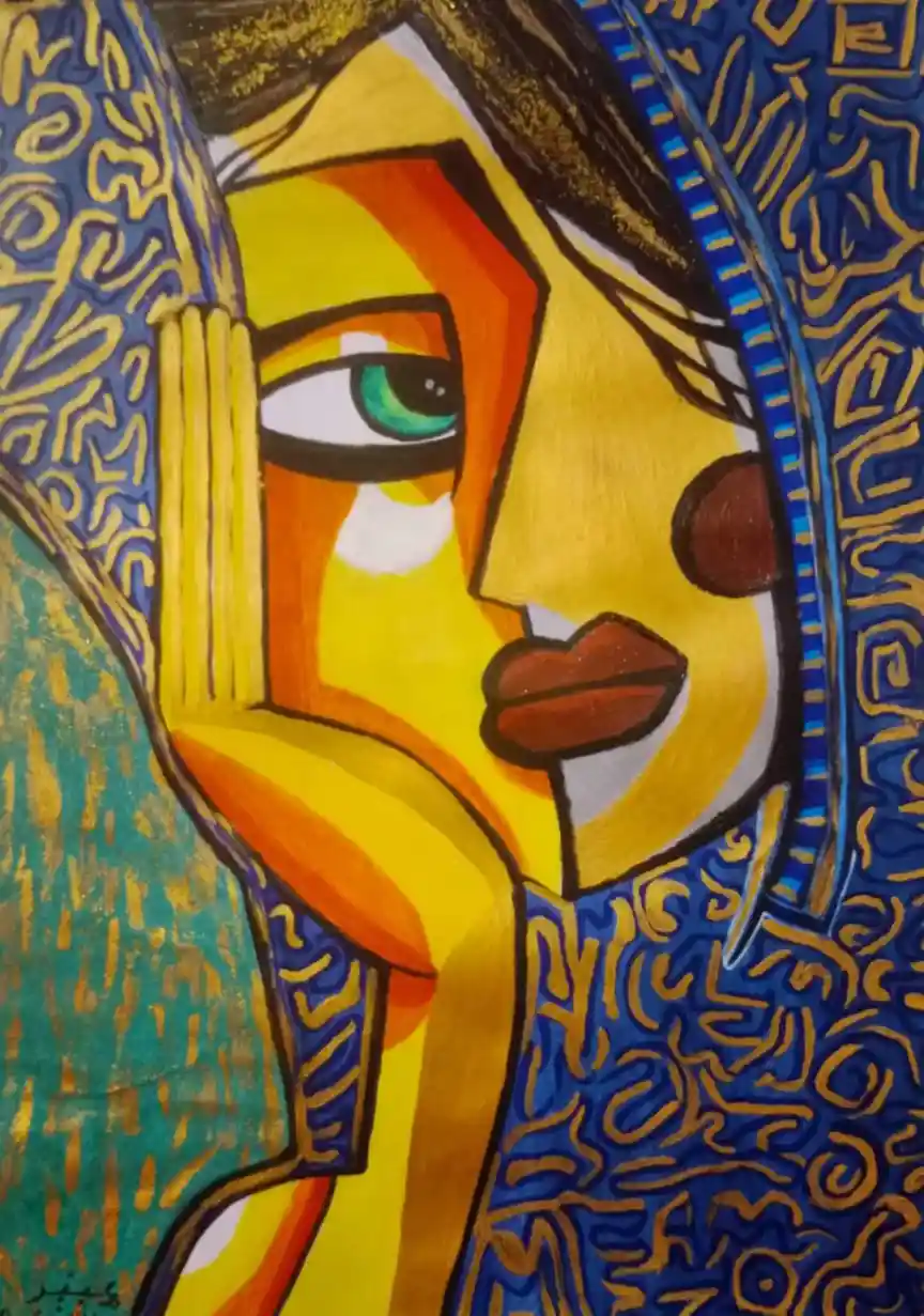A stylized, colorful painting of a woman's face in profile, featuring bold geometric shapes and vibrant hues of yellow…