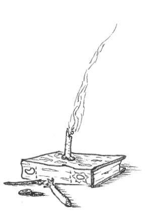 a black-and-white line drawing shows a candle burning atop an open book, emitting smoke, with a quill pen and inkwell lying…