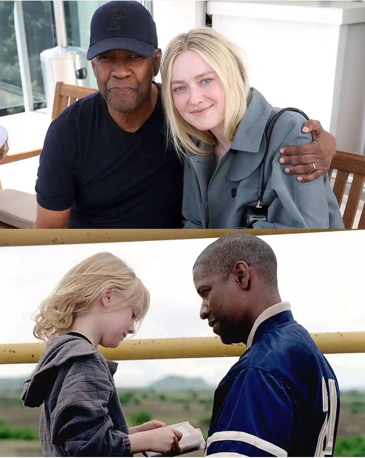 The image is a two-panel meme. The top panel shows actor Denzel Washington with his arm around actress Drew Barrymore, both…