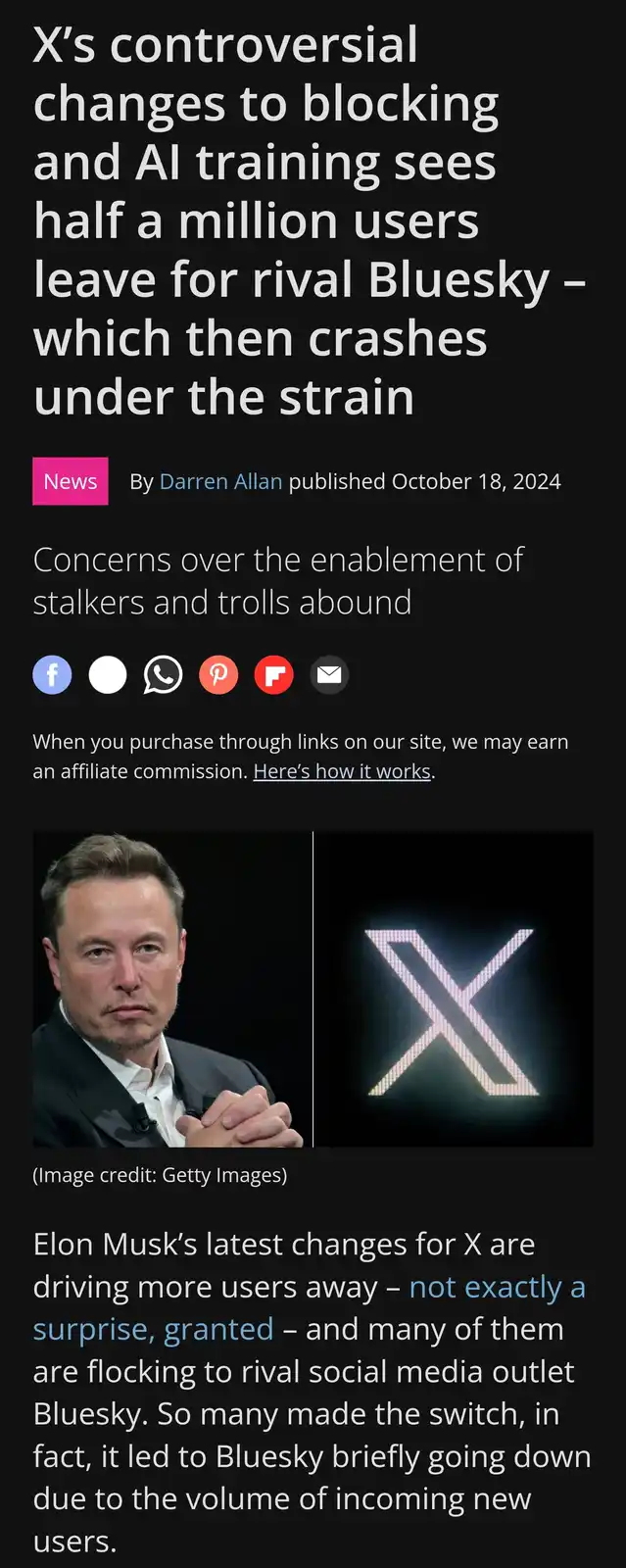 A screenshot of a news article about X's controversial changes causing half a million users to leave for Bluesky, which then…