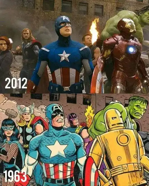 The image is split into two panels. The top panel shows the Avengers from the 2012 movie, including Captain America, Iron…