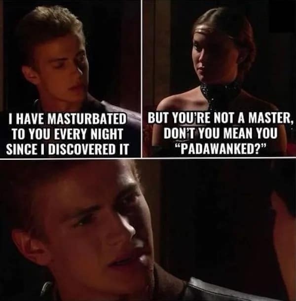 A three-panel meme from the TV show 'Star Wars: The Clone Wars' featuring a young man and woman in a dimly lit scene. The…