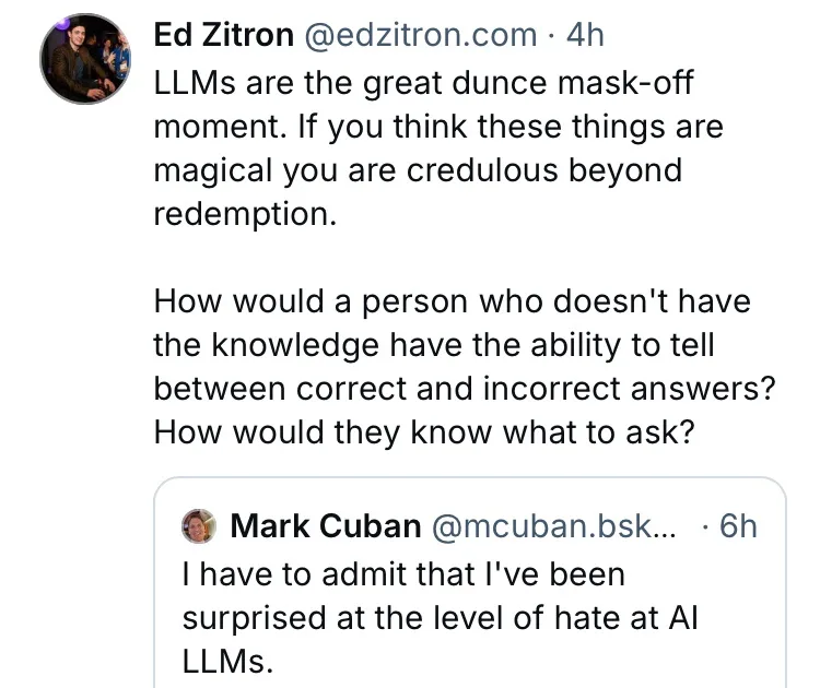 A screenshot of a Twitter thread showing Ed Zitron criticizing those who view large language models as magical, questioning…