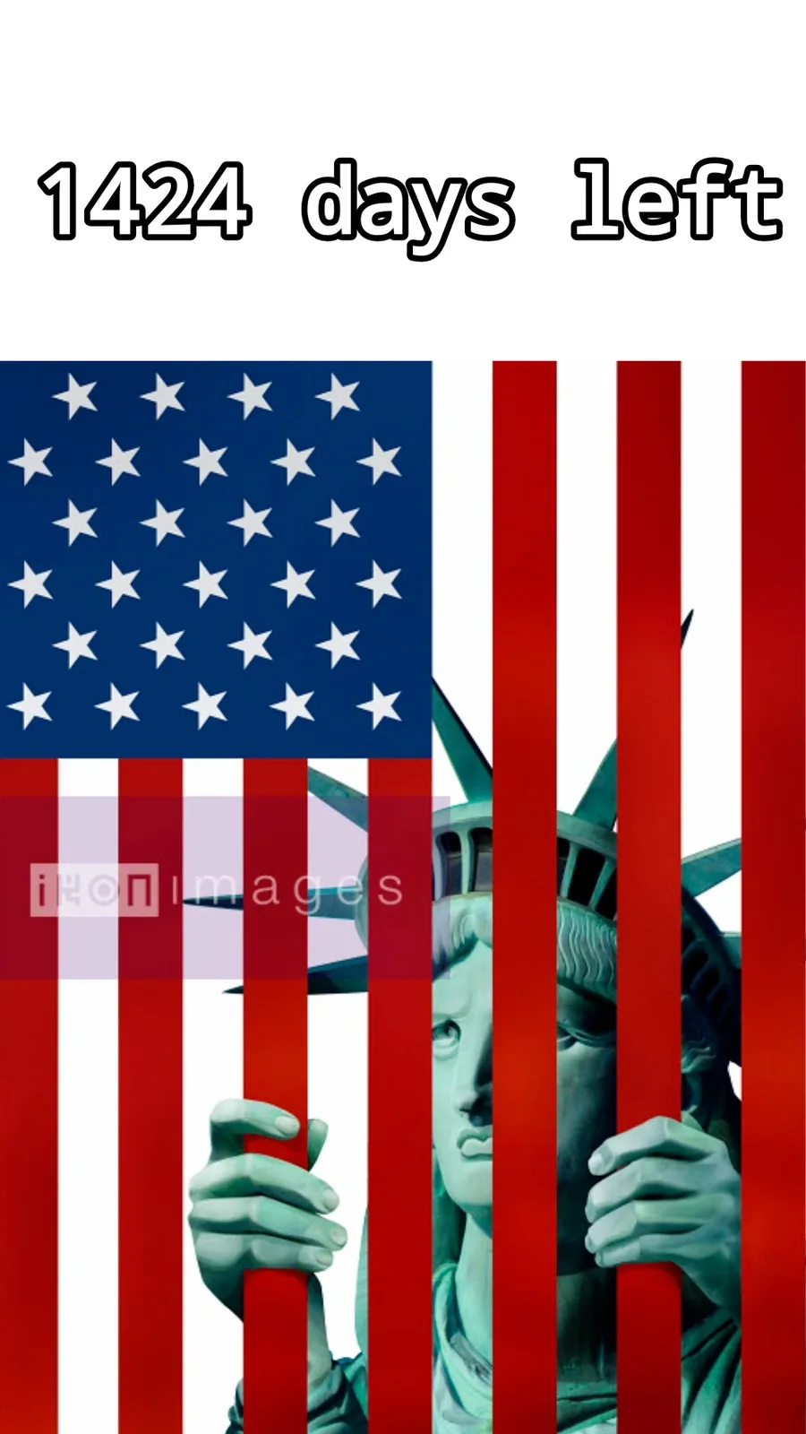The image shows the Statue of Liberty partially obscured by vertical red stripes from the American flag, with the text '1424…