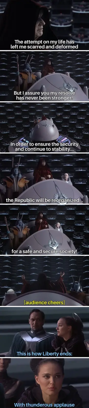 A meme collage from Star Wars: Episode II - Attack of the Clones shows Chancellor Palpatine delivering a speech about…