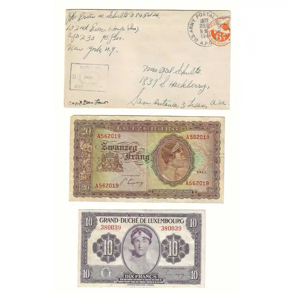 An image displays a vintage U.S. Army Postal Service envelope dated December 1944, addressed to San Antonio, Texas…