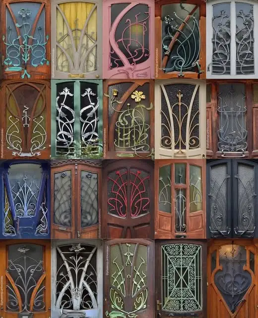 A collage of 16 ornate, colorful Art Nouveau-style doors, each featuring intricate, flowing metalwork and stained glass…