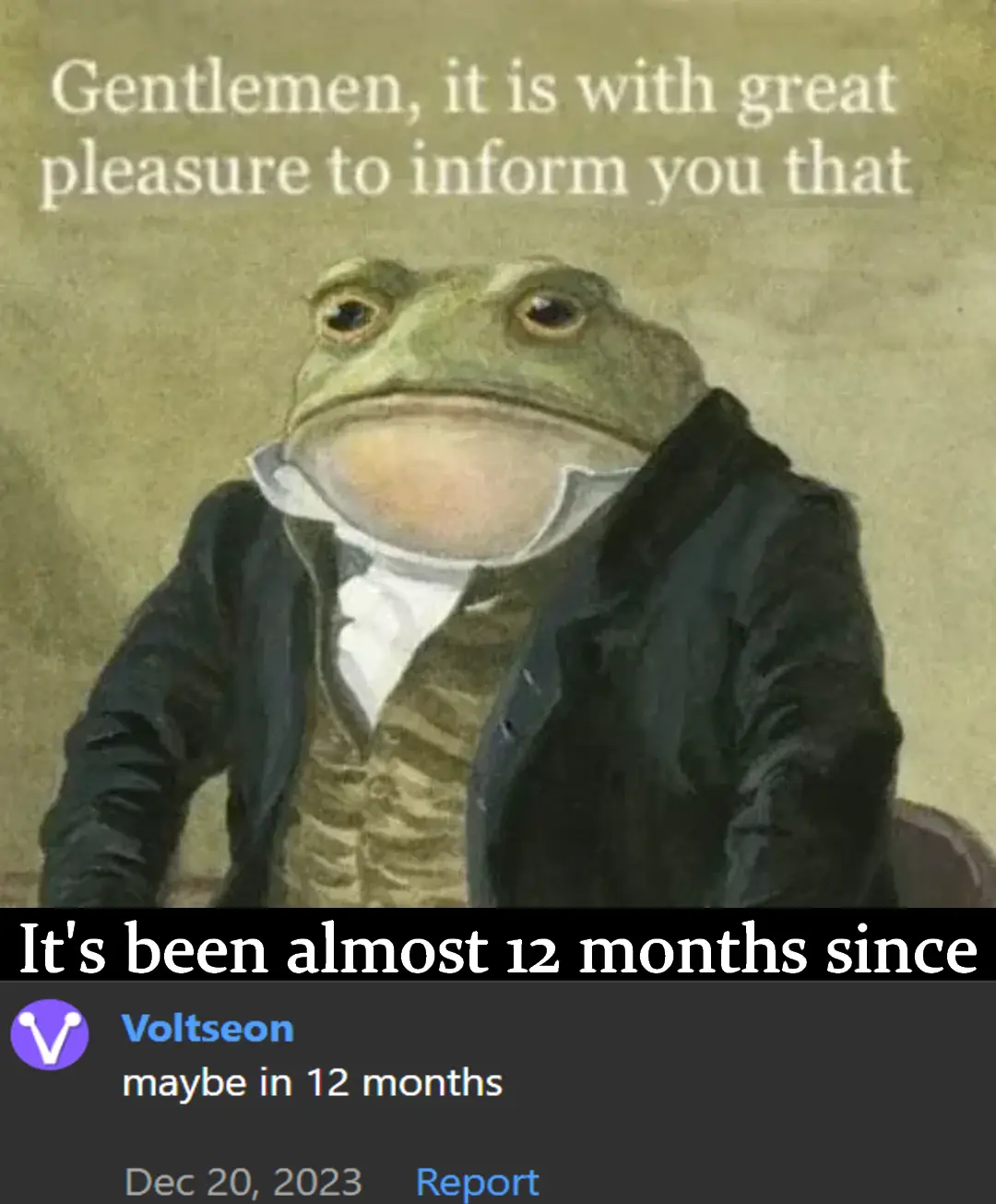 A green frog wearing a formal black jacket, white shirt, and striped vest sits against a beige background. The image has…