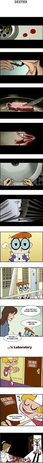 A comic strip from 'Dexter's Laboratory' shows Dexter's lab with a 'DO NOT ENTER' sign, a bloodstain near a sink, and…