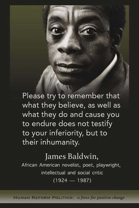 A black-and-white portrait of James Baldwin with a serious expression, overlaid with his quote about not blaming victims for…