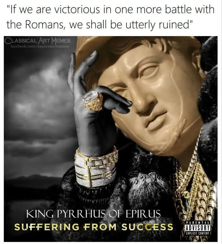 A classical statue of King Pyrrhus of Epirus is edited to look like a modern rapper, wearing a gold chain, diamond-encrusted…