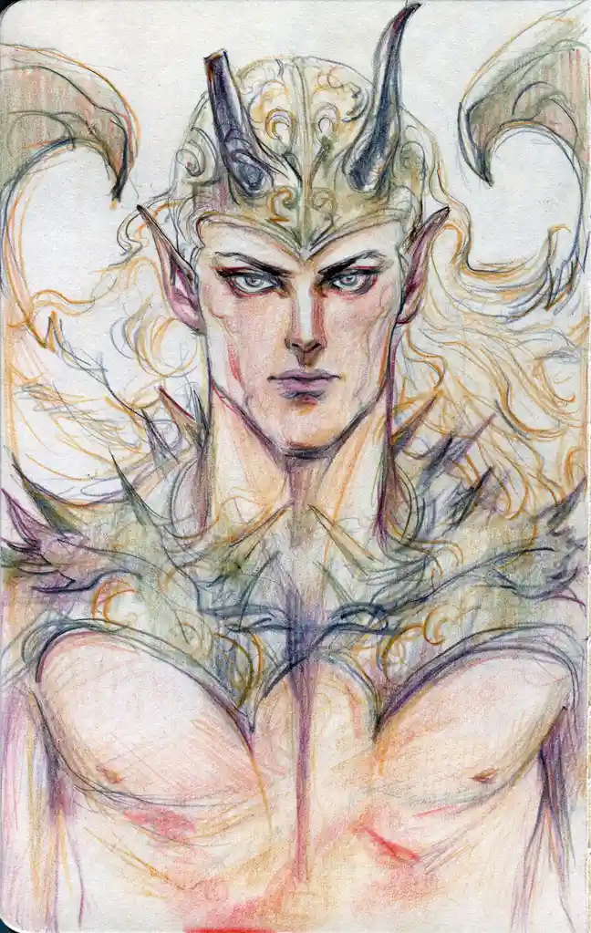 A colored pencil drawing of a muscular, shirtless fantasy character with pointed ears, ornate horns, and flowing hair…