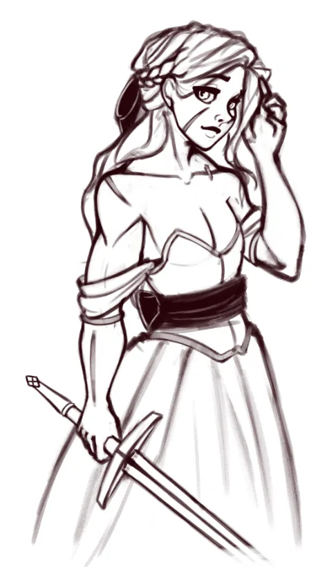 A black-and-white sketch of a woman with long hair, wearing a dress and holding a sword, looking confident. She has one hand…