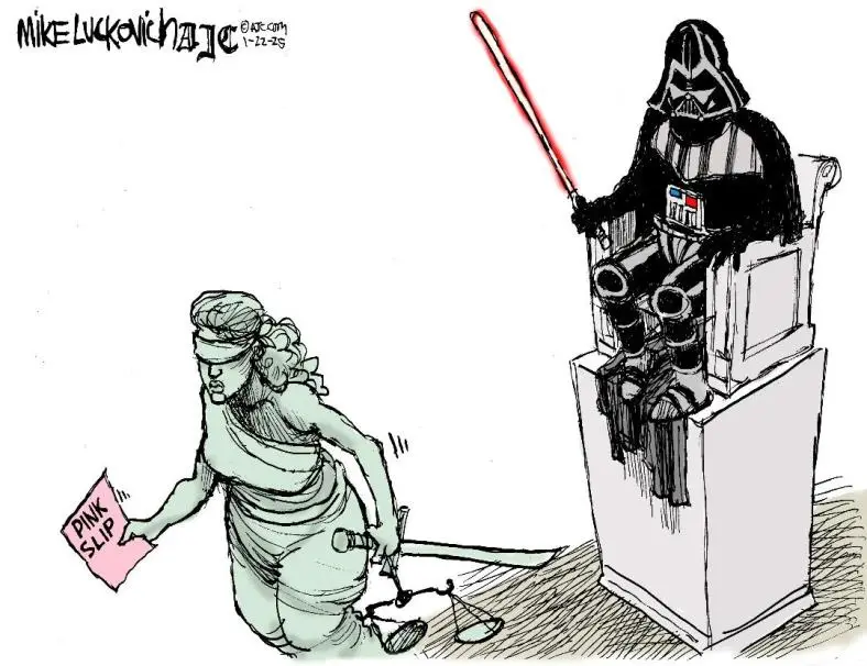 A cartoon depicts Darth Vader seated on a judge's bench holding a red lightsaber, while the blindfolded Lady Justice kneels…