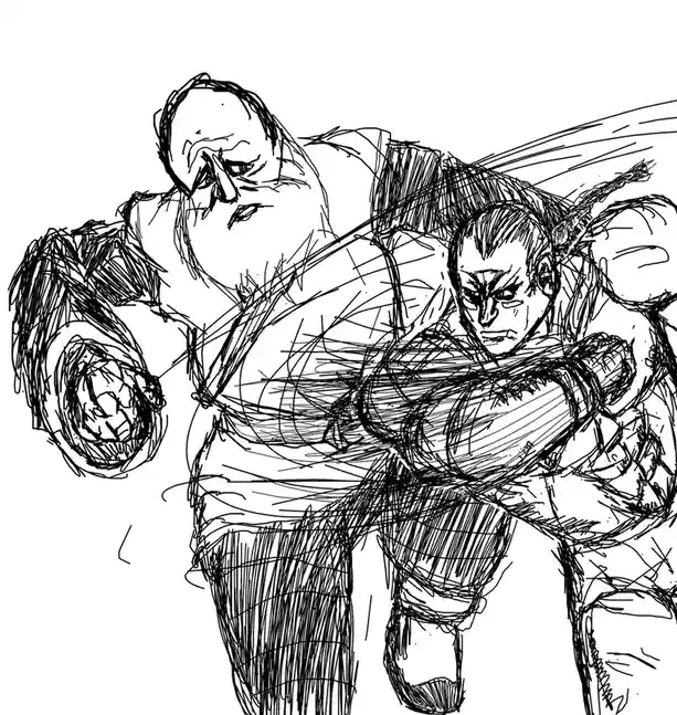 A black-and-white sketch depicts two muscular, intensely focused sumo wrestlers locked in a fierce grappling match, their…