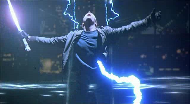 A man stands with arms outstretched, holding a glowing sword in one hand, as blue lightning arcs around him and strikes the…