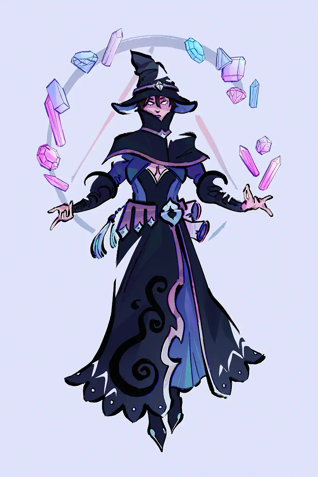 An anime-style witch in a dark blue and purple robe with a pointed hat, surrounded by floating pink and blue crystals, with…
